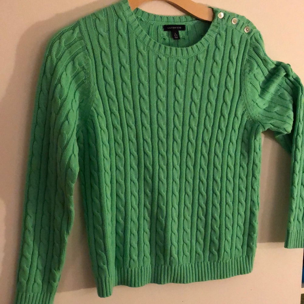 Green Lands-end cable knit sweater